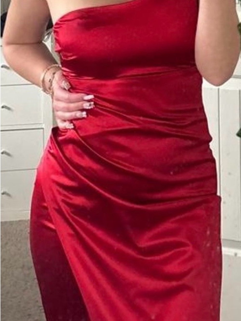 Macy's One-Shoulder Red Satin Evening Dress